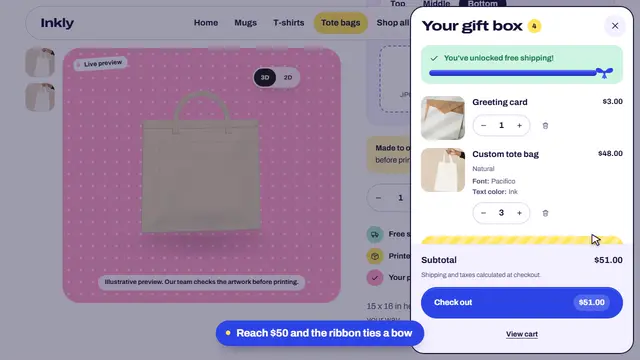The cart drawer open over the store, showing free shipping unlocked