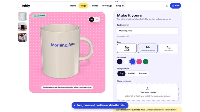 A mug on the product page with the customer's text printed on it, next to font and color choices